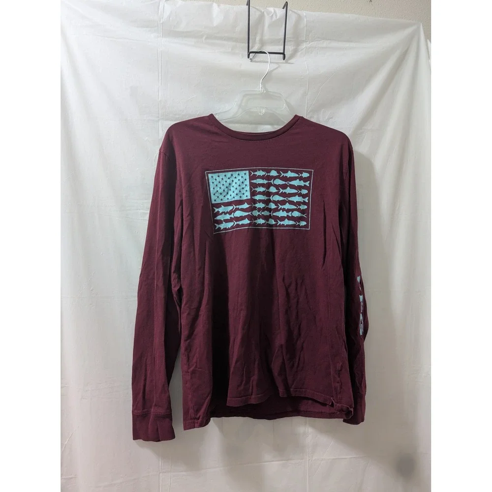 Columbia Mens Long Sleeve Graphic T Shirt Fish American Flag Burgundy Large - Picture 5 of 7